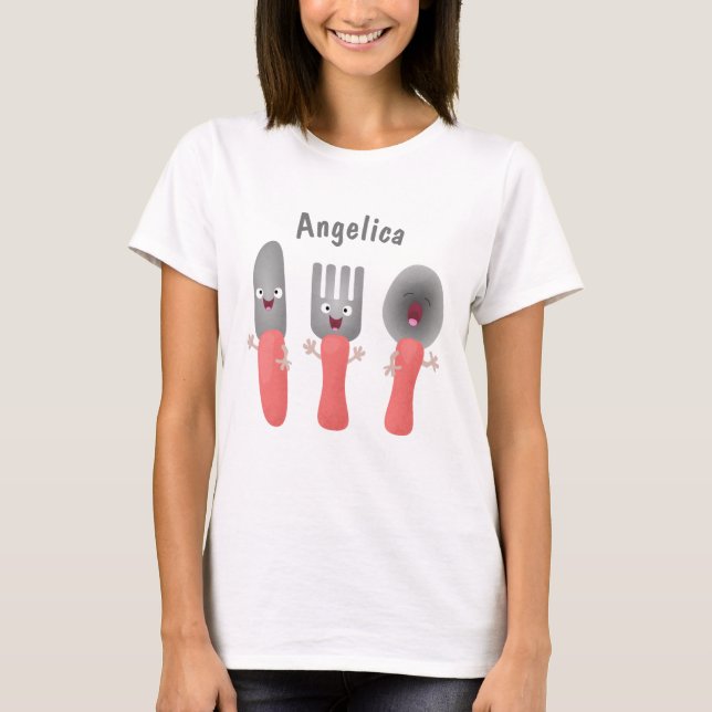 T-shirt Cute fourche couteau et cuillère dessin de couvert (Devant)