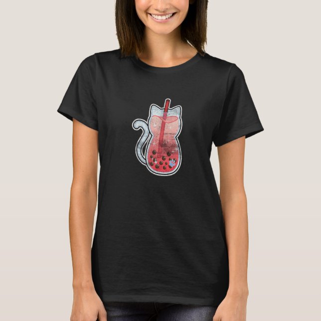 T-shirt Cute fraise Boba Thé Chat Japonais Neko Bulle (Devant)