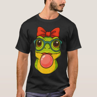 T-shirt Cute Frog Wearing Glasses  Blowing Pink Bubble Gum