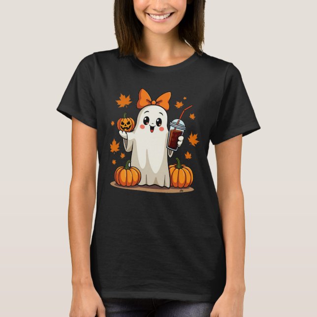 T-shirt Cute Ghost Citrouille Café Automne Vibes Halloween (Devant)