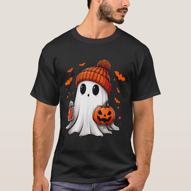 T-shirt Cute Ghost Drinking Ice Coffee Halloween Pumpkin M (Devant)