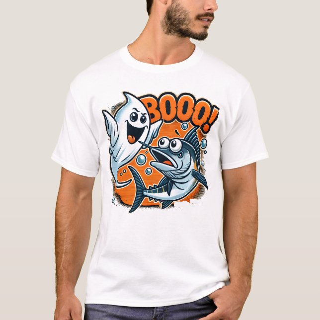 T-shirt Cute Ghost Scaring Fish Funny Halloween (Devant)
