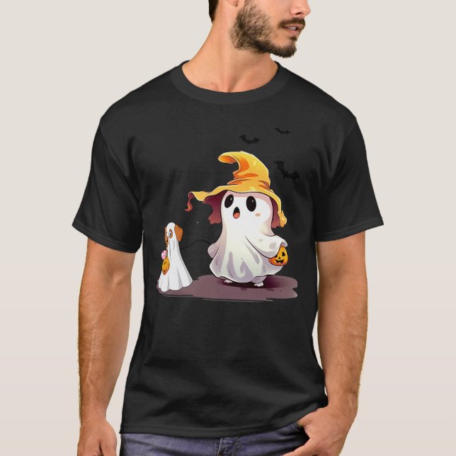 T-shirt Cute Ghost Walking Dog Ghost Dog Halloween Night F (Devant)