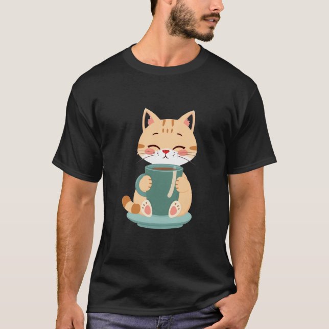 T-shirt Cute Ginger Cat Hugging Cozy Coffee Teal Mug ✨🐾☕ (Devant)