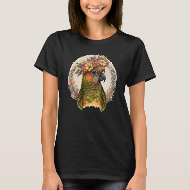 T-shirt Cute Green Cheek Conure Parrot Bird Flower Crown P (Devant)
