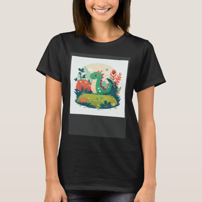 T-shirt Cute Green Dragon in a garden forest (Devant)