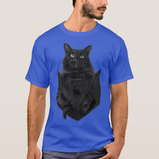 T-shirt Cute Green Eyes Kitten Black Cat Pocket 