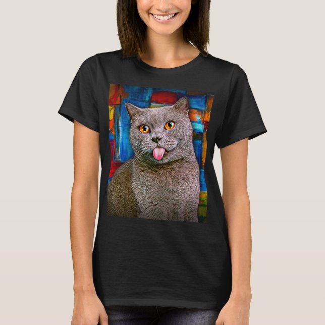 T-shirt Cute Grey British Shorthair Cat Portrait Peinture (Devant)