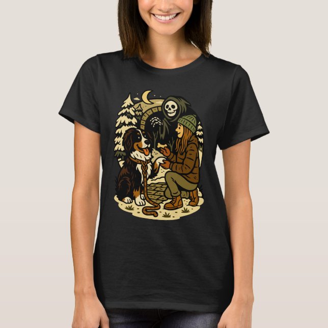 T-shirt Cute Grim Reaper Girl and Dog Spooky Forest Night (Devant)