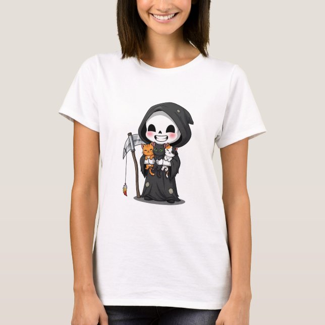 T-shirt Cute Grim Reaper Holding Three Cats Cartoon (Devant)