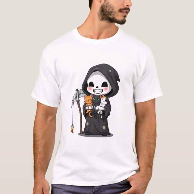 T-shirt Cute Grim Reaper Holding Three Cats Cartoon (Devant)