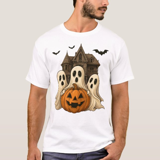T-shirt Cute Halloween Ghosts and Haunted House Pumpkin T- (Devant)