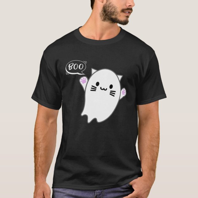 T-shirt Cute Halloween Kitten Cat Flying Ghost Boo Costume (Devant)