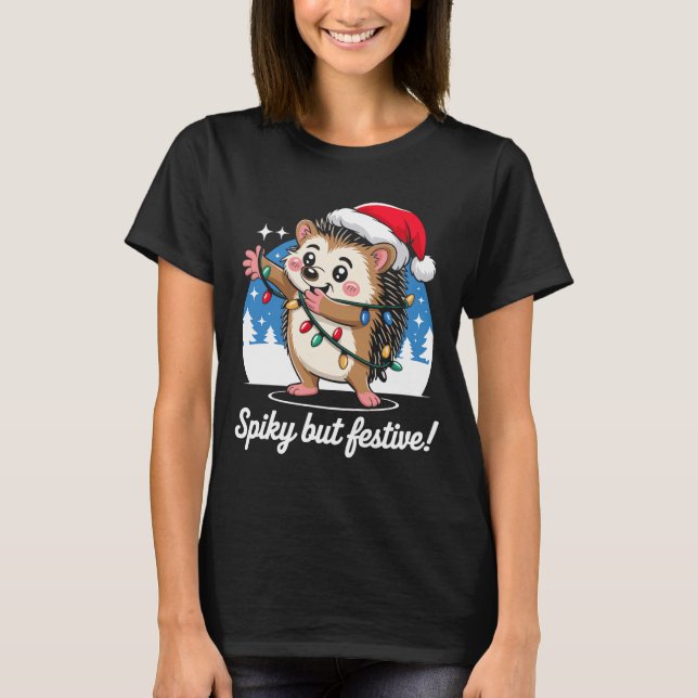 T-shirt Cute Hedgehog With Santa Hat Christmas Lights Wint (Devant)