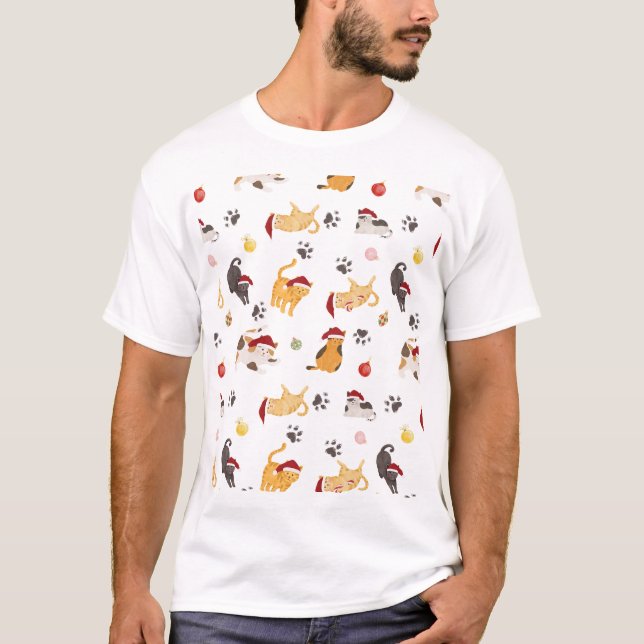 T-shirt Cute Holiday Cat Pattern (Devant)