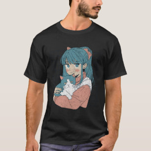 T-shirt Cute Kawaii Anime Girl Avec Chat Kitty Manga Japon