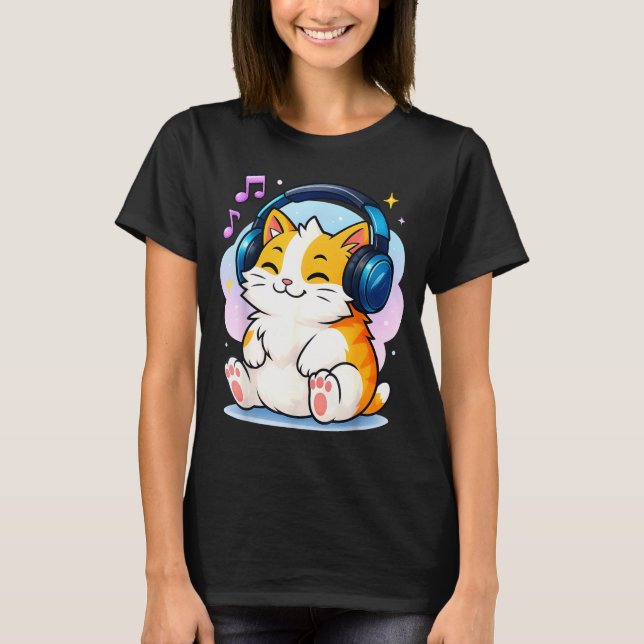 T-shirt Cute Kawaii Cat Neko Funny Music Kitten Lover K-p  (Devant)