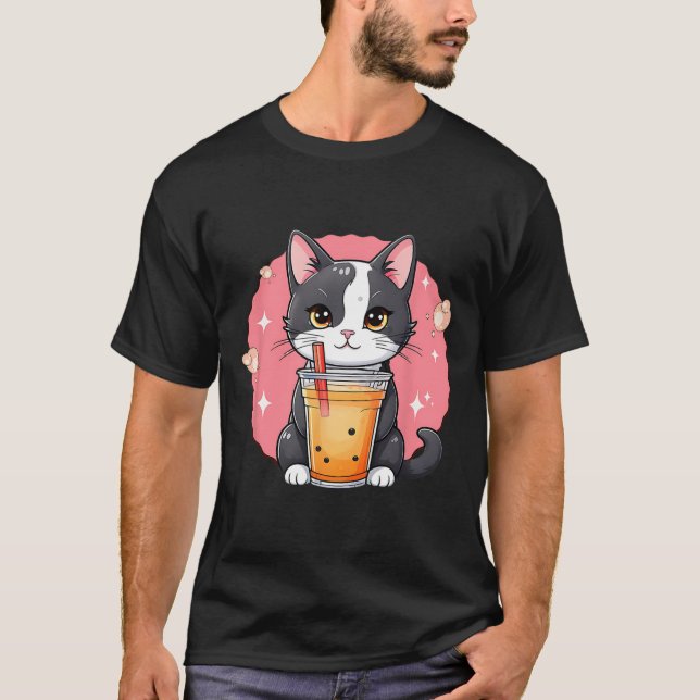 T-shirt Cute Kawaii Chat Boba Tea Style japonais Kit Tuxed (Devant)