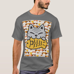 T-shirt Cute Kawaii Chat Hugging Poisson - Drôle Cartoon K