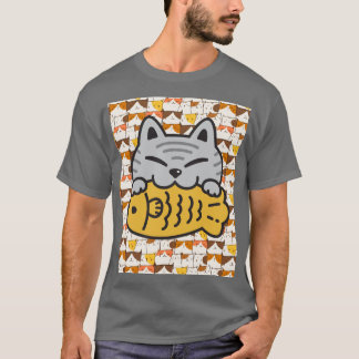 T-shirt Cute Kawaii Chat Hugging Poisson - Drôle Cartoon K
