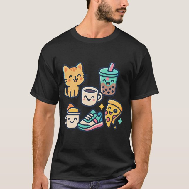 T-shirt Cute Kawaii Chat, Pizza, Thé à bulle & Café - Amus (Devant)