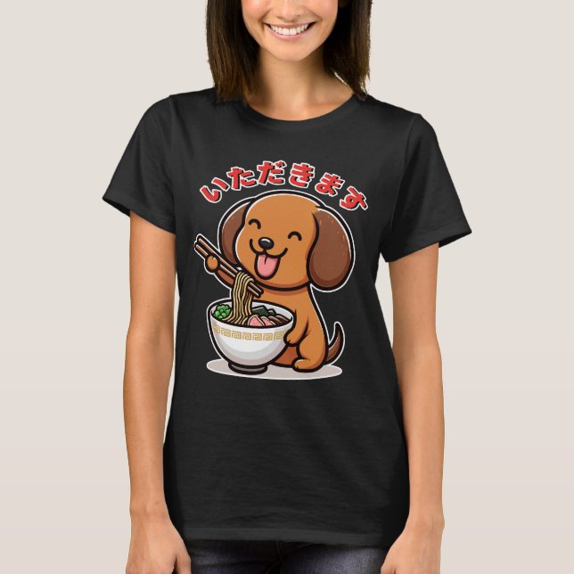 T-shirt Cute Kawaii Dachshund Mange Ramen Itadakimasu (Devant)