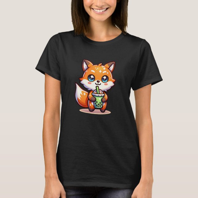 T-shirt Cute Kawaii Fox avec thé bulle Personnalisé (Devant)