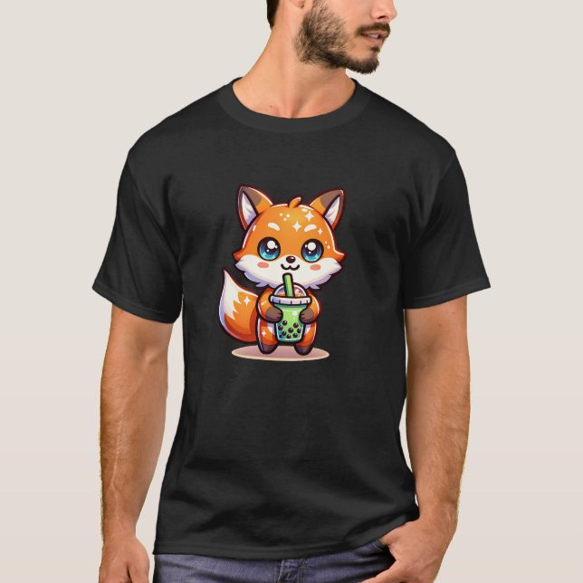 T-shirt Cute Kawaii Fox avec thé bulle Personnalisé (Devant)