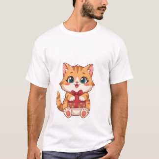 T-shirt Cute Kawaii Ginger Cat Holding Red Gift Box  ✨🎁