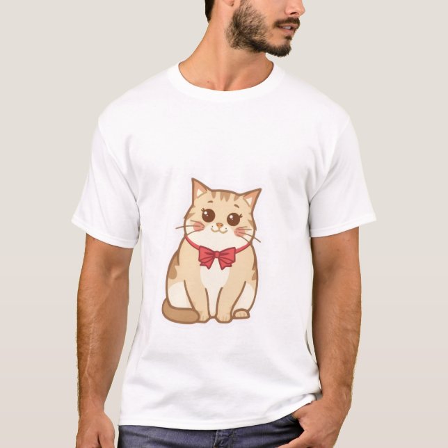 T-shirt Cute Kawaii Ginger Cat with Red Bow Tie ✨🎀 (Devant)