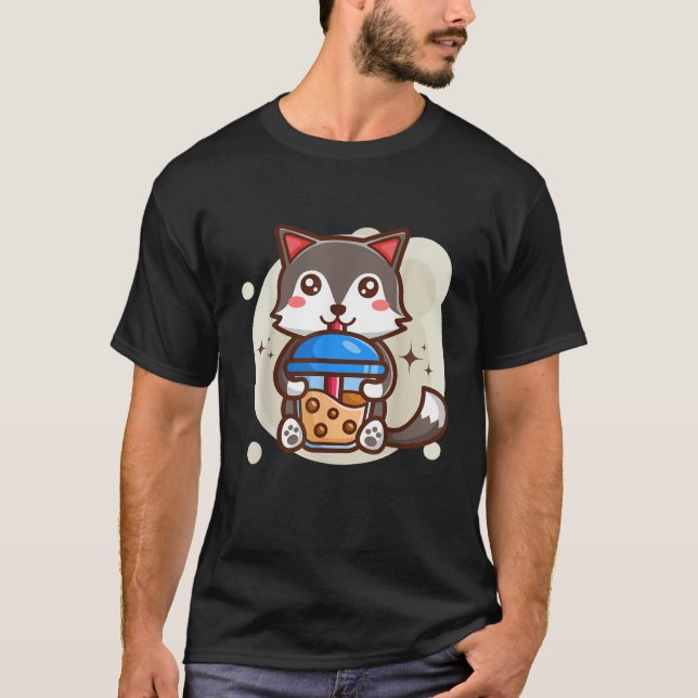 T-shirt Cute Kawaii Husky Drinks Boba Bubble Tea Kawaii Ae (Devant)