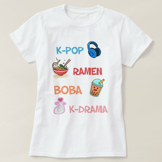 T-shirt  Cute Kawaii K-Pop Ramen Boba Bubble Tea K-Drama (Design devant)