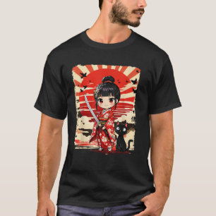 T-shirt Cute Kawaii Samurai fille et chat japonais Anime K
