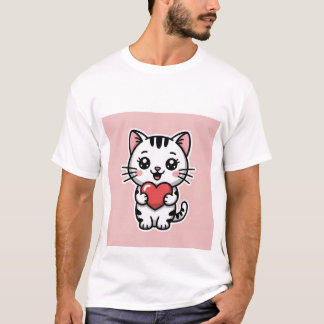 T-shirt Cute Kawaii White Tabby Cat Holding Red Heart ✨❤️