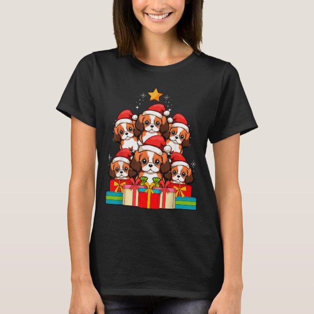 T-shirt Cute King Charles Cavalier Le Dog Christmas Tree X (Devant)
