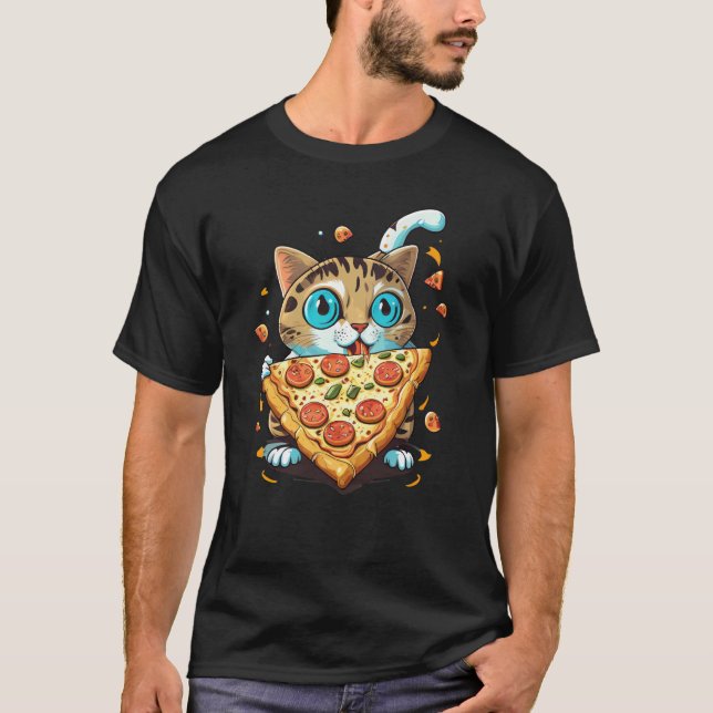 T-shirt Cute Kitten Cat Eating Pizza (Devant)
