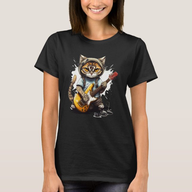 T-shirt Cute Kitten Cat Playing Guitar  1 (Devant)