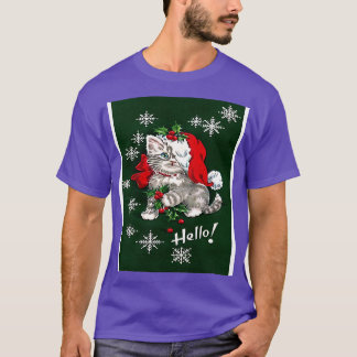 T-shirt Cute Kitten Red Bow Snowflakes