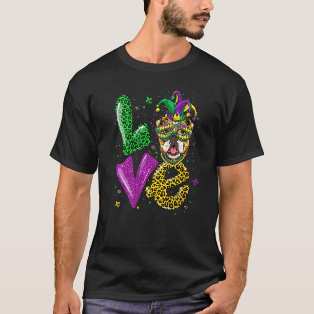 T-shirt Cute LOVE Old English Bulldog Dog Mask Plaid Leopa (Devant)