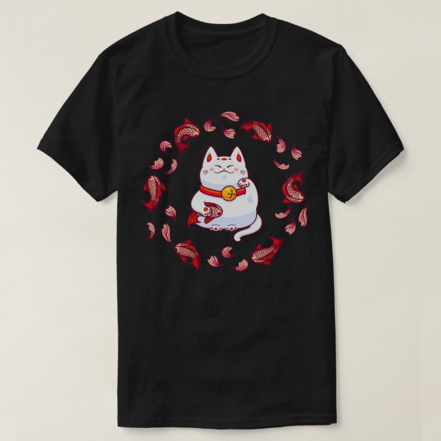 T-shirt Cute Maneki Neko Lucky Cat with Koi Fish  (Design devant)