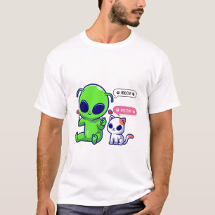 T-SHIRT CUTE MEOW CAT AVEC ALIEN