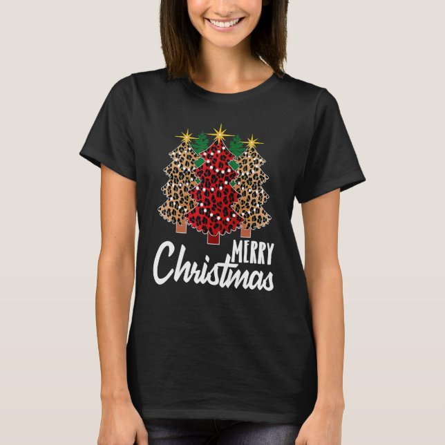 T-shirt Cute Merry Christmas Leopard Print Tree Christmas  (Devant)