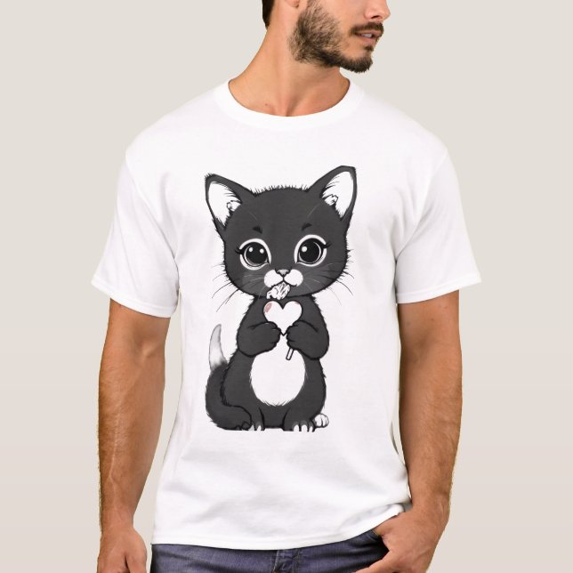 T-shirt Cute Minimalist Kitten Holding Heart and Lollipop (Devant)