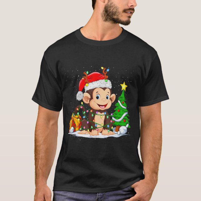 T-shirt Cute Monkey Santa Christmas Tree Lights Xmas Pajam (Devant)