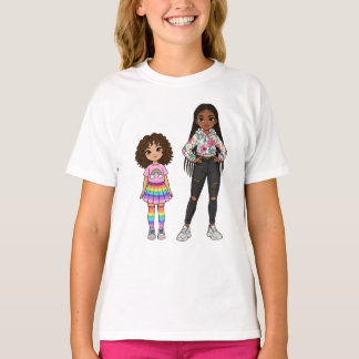 T-shirt Cute Mother and Daughter Rainbow Illustration Long