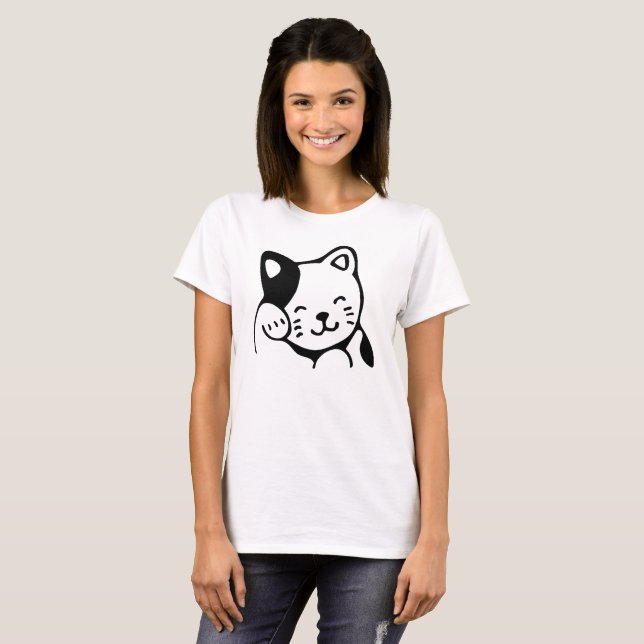 T-shirt Cute noir et blanc Kitty Chat Waving Bonjour (Devant entier)