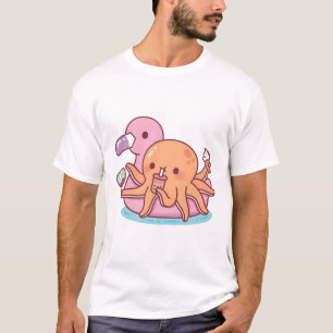 T-shirt Cute Octopus Chilling sur Flamant rose rose Flotte