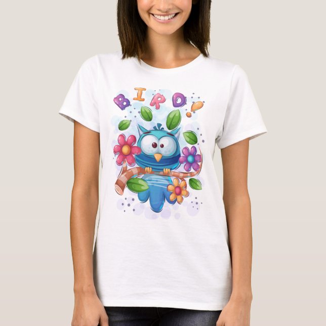 T-shirt Cute Owl Bird With Flowers (Devant)