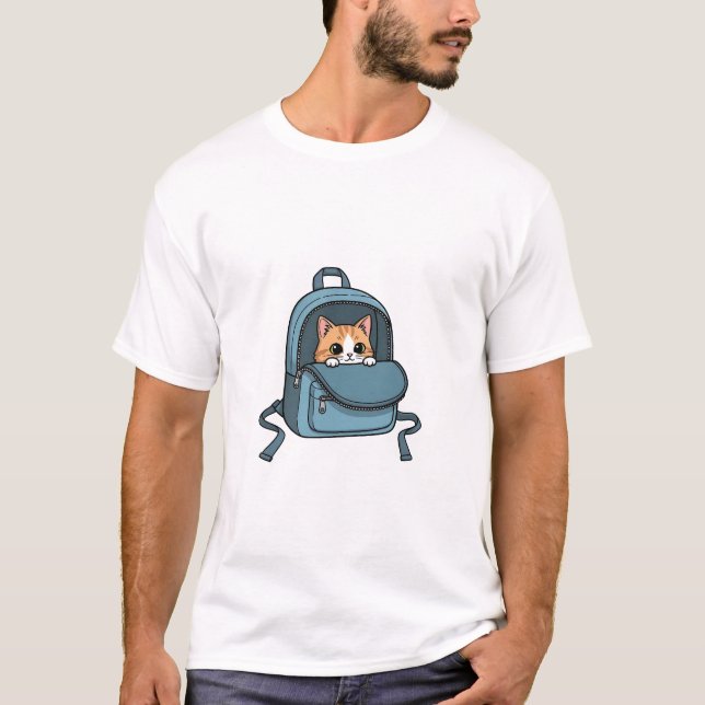 T-shirt Cute Peeking Orange Tabby Cat in Blue Backpack  (Devant)