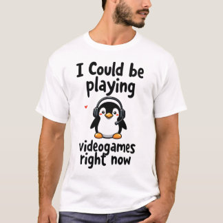 T-shirt Cute Penguin Playing Videogames Gamer Shirt